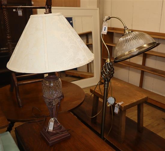 A gilt metal adjustable lamp standard, with ribbed glass shade, together with a bronze effect metal and hob nail glass table lamp (2)